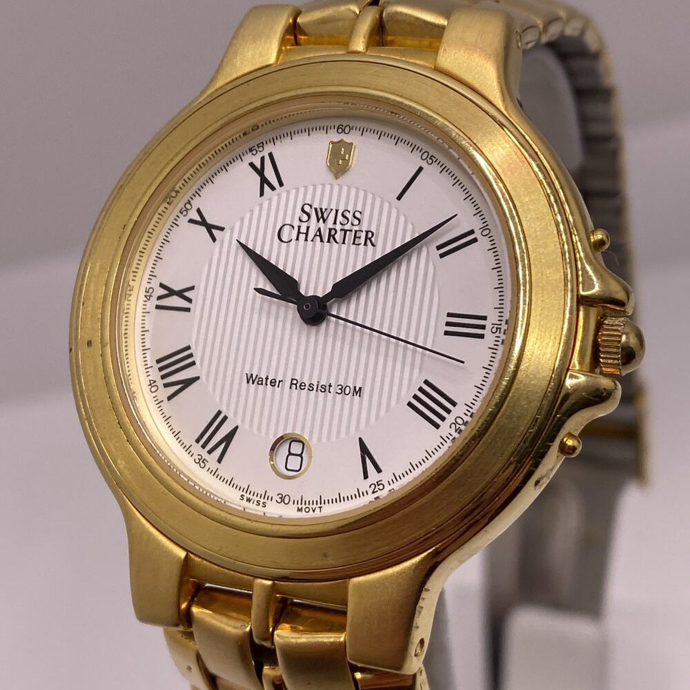 Swiss Charter Mens Swiss Made Gold Tone Luxury Watch Quartz Works New Battery